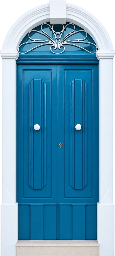 A blue arched door with an iron fanlight