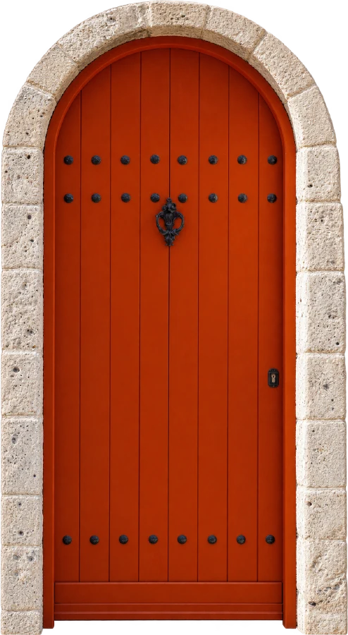 A red studded arched door