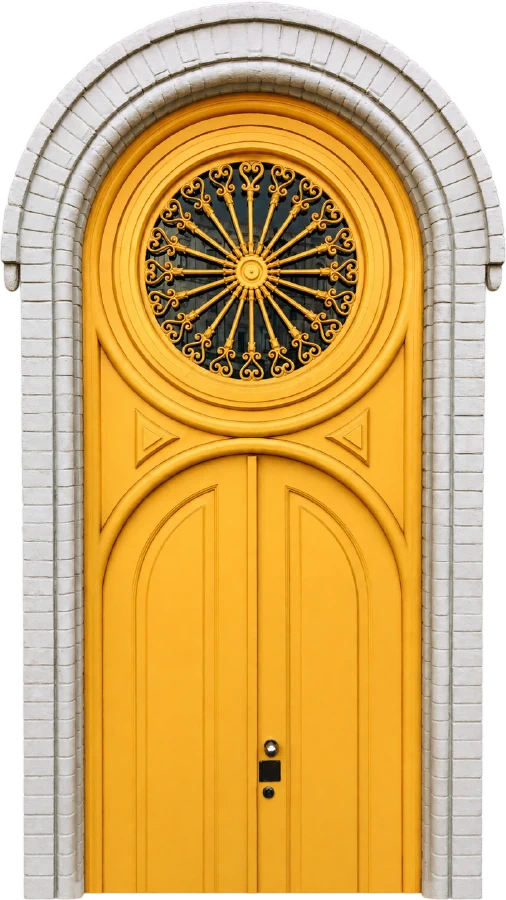 A yellow arched door with a rose window